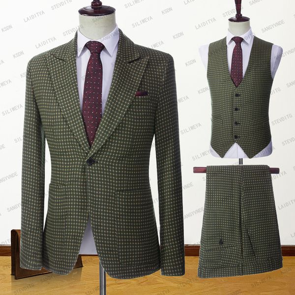 

men's suits blazers summer casual business suit green linen yellow red dots formal suit 3 pcs set groom wedding menjacketvestpants 2305, White;black