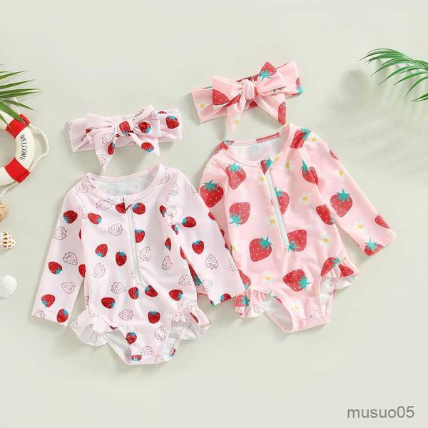

two-pieces summer kids girls swimsuits strawberry print long sleeve zipper jumpsuit swimwear and headband beachwear bathing suits, Blue