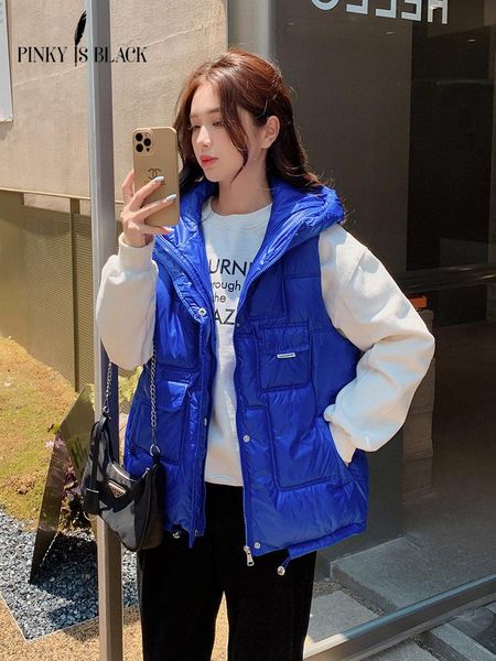 

leather pinkyisblack winter vest for women matte glossy hooded padded fashion pockets female short jacket outwear winter waistcoat women, Black