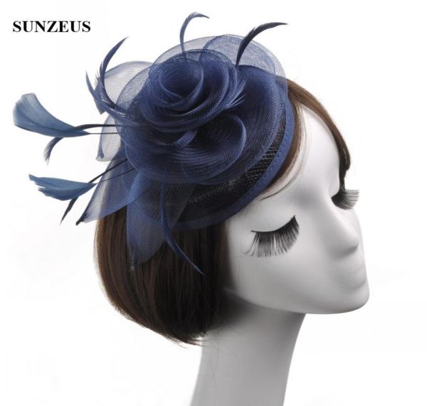 

fashion ladies linen hat navy blue mother of the bride hat vintage feather bride flower headpiece4412848, White