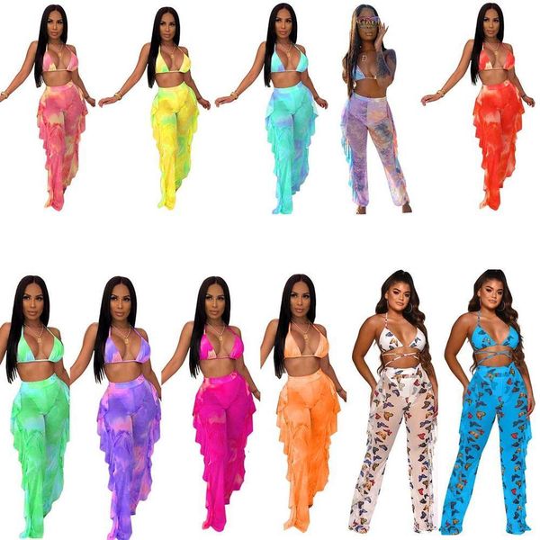 

women's tracksuits women summer tie dye print halter v-neck ruffles splicing pants suit two piece set beach tracksuit outfit 230508, Gray