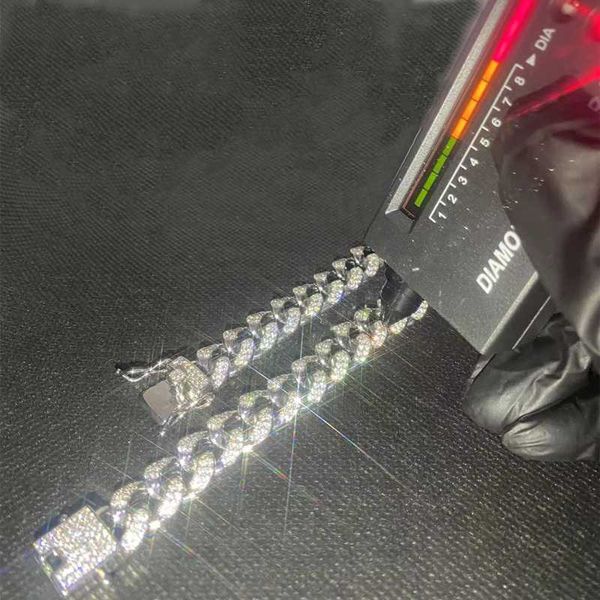 

luxury flawless vvs moissanite chains fashion hip hop jewelry pass diamond tester 12mm gold miami cuban link necklace, Silver