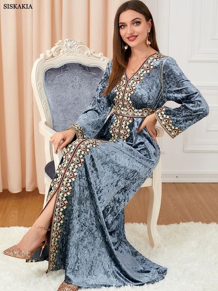 

ethnic clothing abayas for women floral embroidery moroccan caftan belt long sleeve luxury velvet split hem slim a-line party dresses 230508, Red