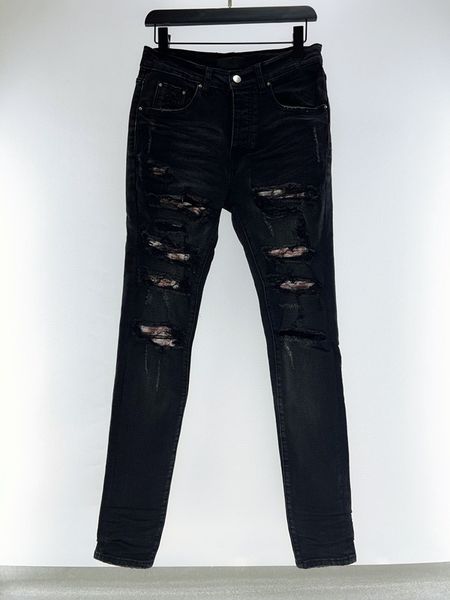 

jean men's jeans hombre designers trousers men embroidery patchwork ripped for trend brand motorcycle pant mens skinny a7gm, Black