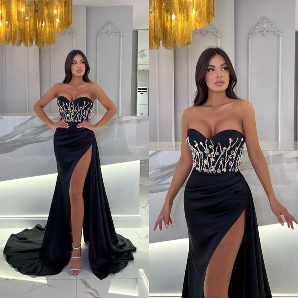 

beaded sweetheart black prom dresses sleeveless party evening dress thigh slit long special occasion dress
