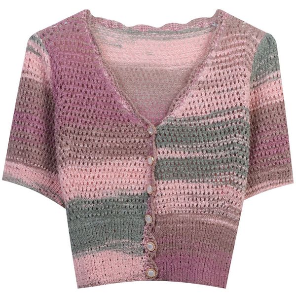 

428 2023 runway summer brand same style sweater short sleeve cardigan v neck blue yellow pink fashion clothes womens mingmo, White;black