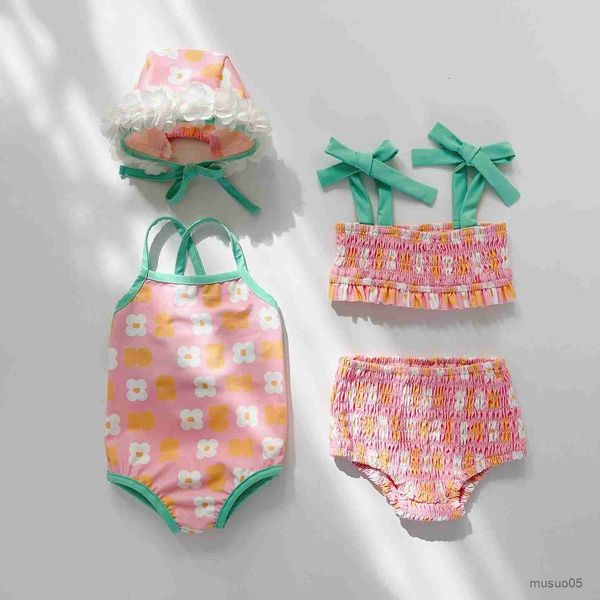 

two-pieces summer newborn baby girls split swimsuits floral style beach vacation infants pleated swimwear kids clothes, Blue