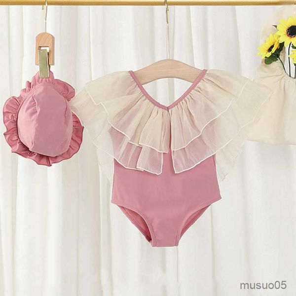 

two-pieces toddler baby girl swimsuit spring summer mesh backless swimwear with hat for children one piece kids clothes girls, Blue