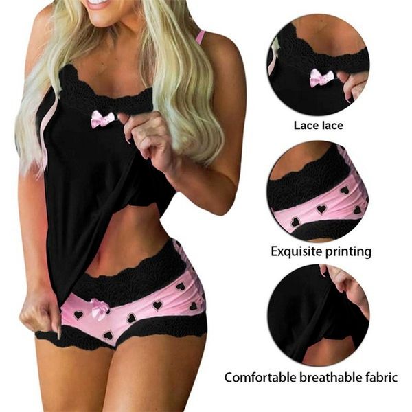 

women's sleepwear set women lingerie lace underwear cami vest shorts plus size sleeveless camisole 5xl nighties pajamas 230508, Black;red
