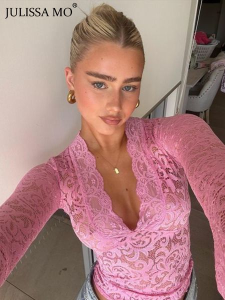 

womens tshirt julissa mo see through vneck long sleeve lace skinny outfits women summer party club tshirts tees clothes 230510, White
