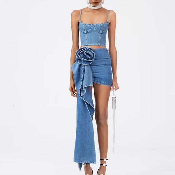 

two piece dress prepomp summer rose blue denim wrap hip half skirt women asymmetric y2k sleeveless camis crop set gh900 230509, White