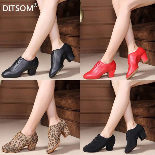 

sandals 5cm heel cowhilde leather women's latin dance shoes teacher's shoe girls waltz tango trot leopard ballroom 230509, Black