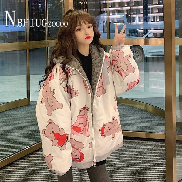 

leather double sided can wear imitation lambswool women coat korean loose cartoon printed female jacket, Black
