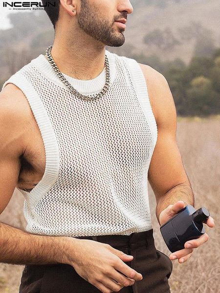 

men' tank oneck sleeveless mesh transparent streetwear casual vests 2023 vacation summer clothing s5xl incerun 230509, White;black