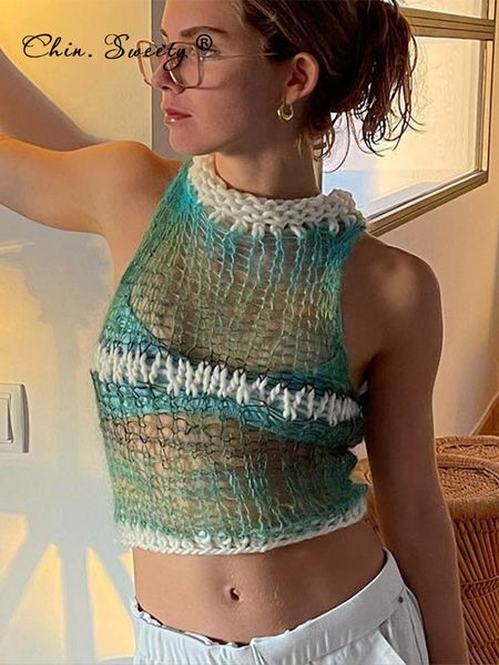 

women's tanks camis women green knitted y2k crop patchwork sleeveless hollow out summer beach fashion vintage short 230510, White