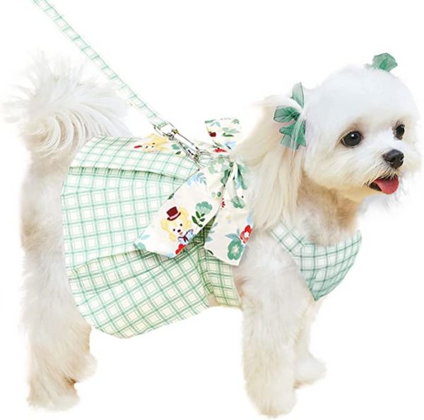 

Cute Plaid Dog Dress Harness Leash Set for Small Medium Dog Cats Girl Green Summer Pet Clothes Bowknot Puppy Princess Dresses Holiday Party Costume Outfits