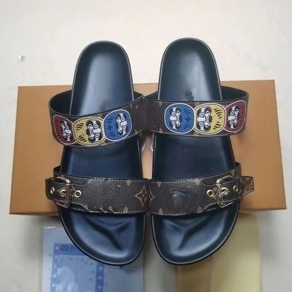 

designer leather slippers womens men sandals bom dia flat mule 1a3r5m cool effortlessly stylish slides 2 straps with adjusted gold buckles w, Black