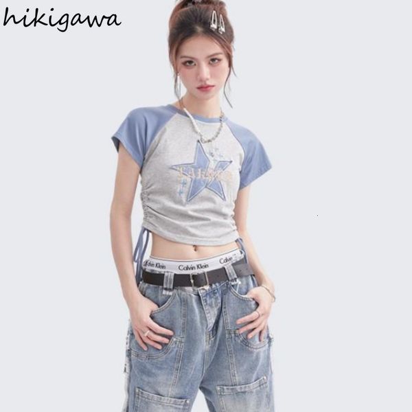 

women's t shirt kaus wanita musim panas gambar bintang mode atasan potong serut lengan pendek leher o 2023 y2k kasual korea 230510, White