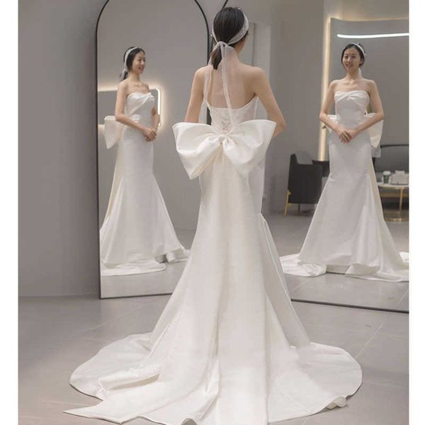 

one shoulder beautiful back slimming fish tail light wedding dress 2022 new bride french satin high-end slim fitting tail dress, Black;pink