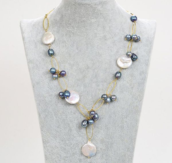 

guaiguai jewelry white coin pearl black rice pearl chain necklace handmade for women real gems stone lady fashion jewellery1426670, Silver