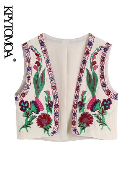 

leather kpytomoa women fashion floral embroidery cropped open waistcoat vintage v neck sleeveless female outerwear chic, Black