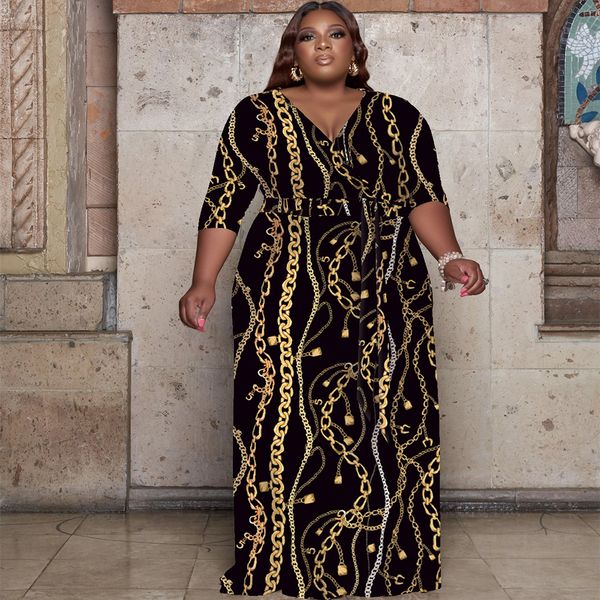 

plus size dresses urban trendy size clothing women 4xl 5xl printed v neck waistband loose evening elegant maxi party dress wholesale 230510, Black