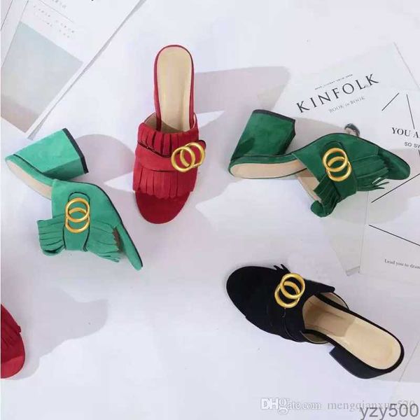 

classic designer women half slippers cowhide 100% leather suede thick heels metal slides woman shoe beach lazy sandals high heeled shoes lar, Black