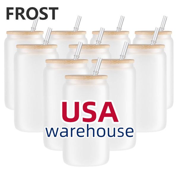 

usa warehouse 12oz 16oz clear frosted diy blank sublimation can shaped beer glass cups with bamboo lid and straw beer can glass for iced cok