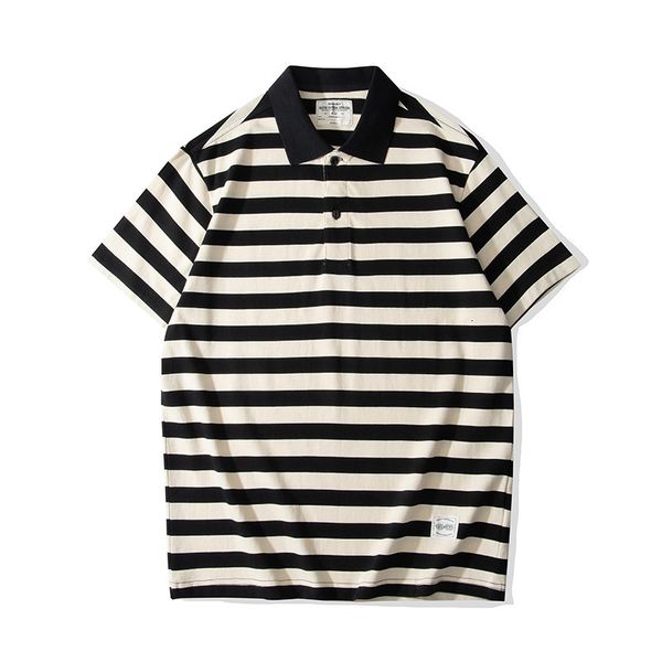 

men's polos summer striped polo shirt 2023 casual college style lapel sea soul longstaple cotton 230g thickened heavy retro short 23051, White;black