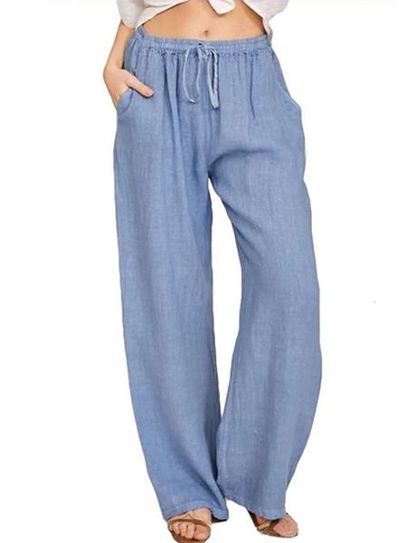 

women's pants s celana pantai linen katun musim panas ringan longgar pinggang elastis kaki lebar kasual wanita solid dengan saku 230509, Black;white