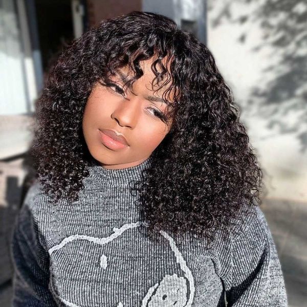 

hair wigs jerry curly short pixie bob cut human with bangs brazilian remy full machine made for women 230510, Black