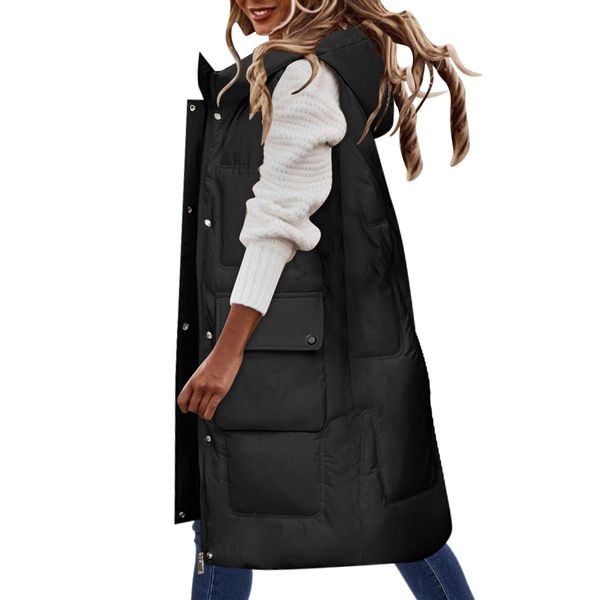 

vests winter utility jacket women womens winter solid color sleeveless jacket vest long hoodie warm down jacket with pockets quilted, Black;white