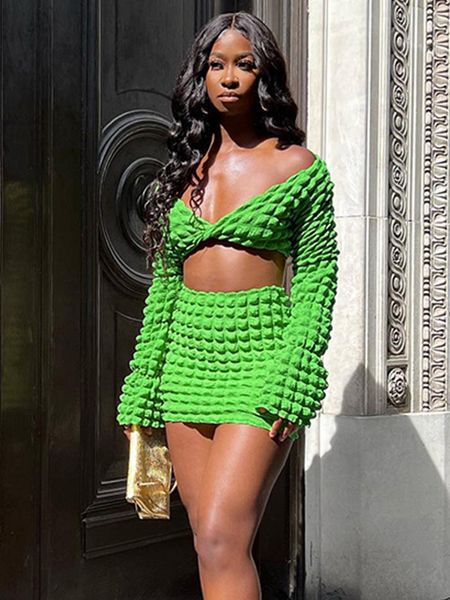 

two piece dress skirt set women outfits twist long sleeve high waist suit beach streetwear green matching 230509, White