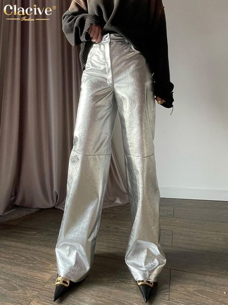 

women's pants capris clacive fashion sliver pu leather women's pants elegant loose high waist full length pants casual office lady, Black;white