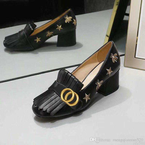 

classic mid heeled boat shoe womens designer shoes leather thick heel high heels 100 cowhide tassels round head metal button women dress sho, Black