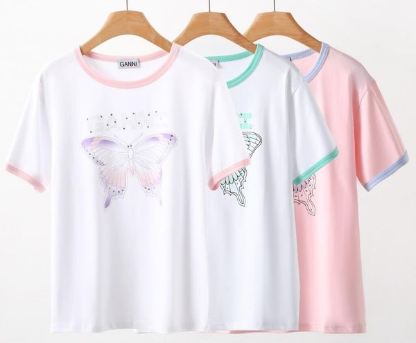 

designer t shirt summer short sleeve butterfly print ganni women tshirt tee, White
