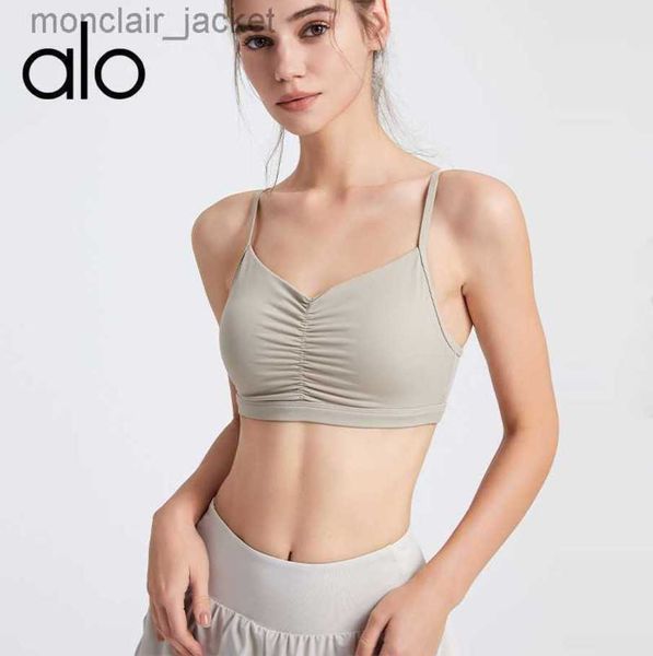 

desginer alo yoga sports bra women's pleated thin shoulder strap beautiful back bra fitness strap chest cushion tank 23ssa, White