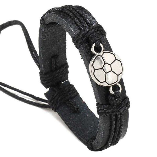 

selling ornament simple handmade charm woven black football leather bracelet creative personality fans carrying strap, Golden;silver