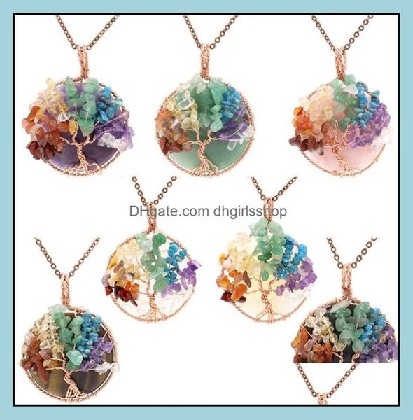 

pendant necklaces 7 chakra healing crystal natural round gemstone necklace tree of life copper wire wrapped reiki jewelry dhgirlss7229578, Silver