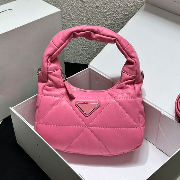 

womens lambskin puffer hobo triangle badge bags black pink white underarm purse silver hardware real leather removable strap crossbody shoul