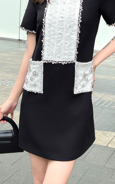 

casual dresses european fashion designer designs a new spring/summer 2023 light luxury ordered diamond heavy work patchwork dress, Black;gray