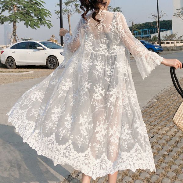 

women's swimwear women beach cover up dress chiffon lace kimono boho casual long sleeve cardigan monokini bathing 230509, White;black