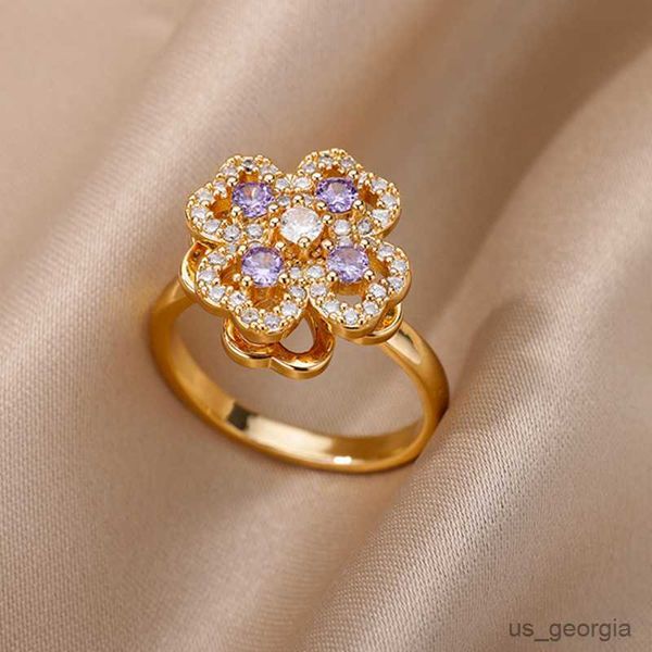 

band rings rotating shiny purple zircon adjustable rings for women stainless steel wedding ring aesthetic jewelry, Silver