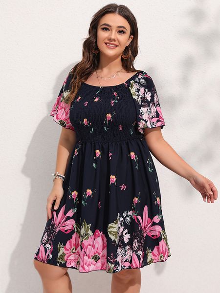 

plus size dresses finjani allover floral print shirred midi dress size lantern sleeve high waist for women summer 230509, Black
