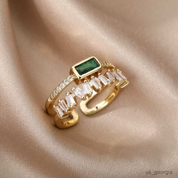 

band rings double layer irregular zircon rings for women open stainless steel green crystal finger ring jewelry valentines day gift, Silver