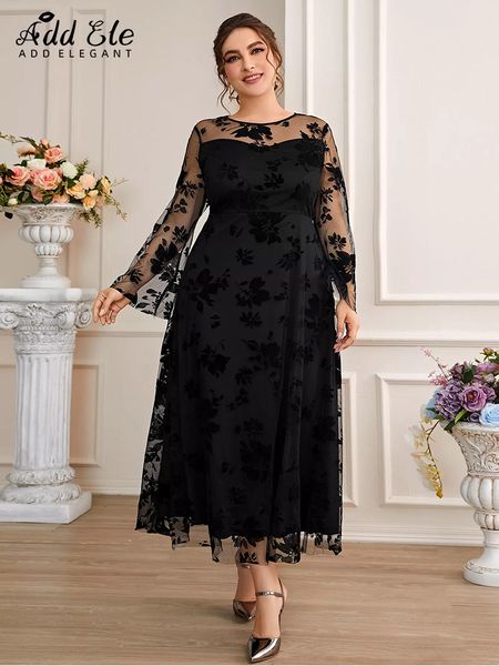 

plus size dresses add elegant autumn size flower mesh cover for women flare sleeve sweet female o neck waist midi dress b1095 230509, Black