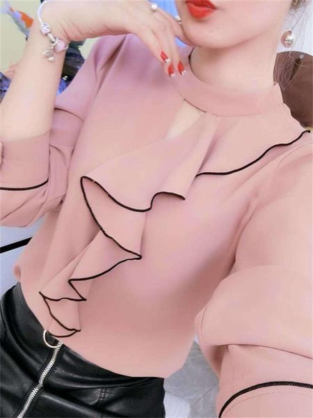 

t-shirt women spring summer style chiffon blouses shirts lady casual long sleeve ruffles decor stand collar chiffon blusas df3148, White