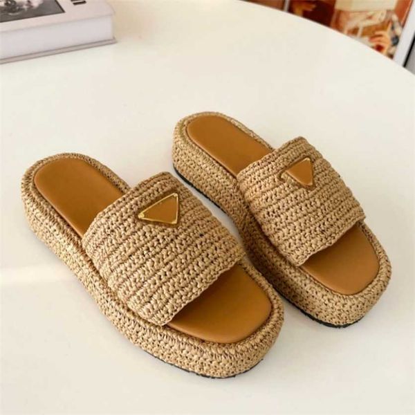

designer slippers triangle buckle raffia straw espadrilles women thick bottom sandals slip on mules slides lady platform wedges square toe f, Black