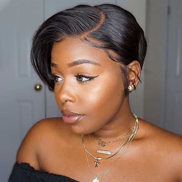 

hair wigs pixie cut human short bob side part straight lace front glueless hd transparent frontal 230510, Black