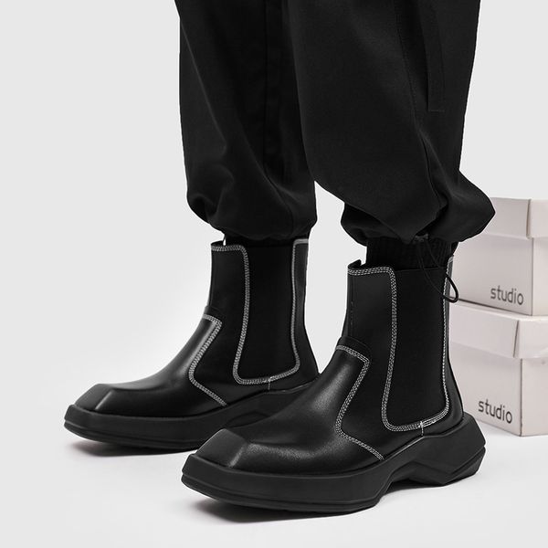 

split leather platform ankle boots for men fashion sqaure toe chelsea boots male slip on motorcycle boots handsome streetwear, Black